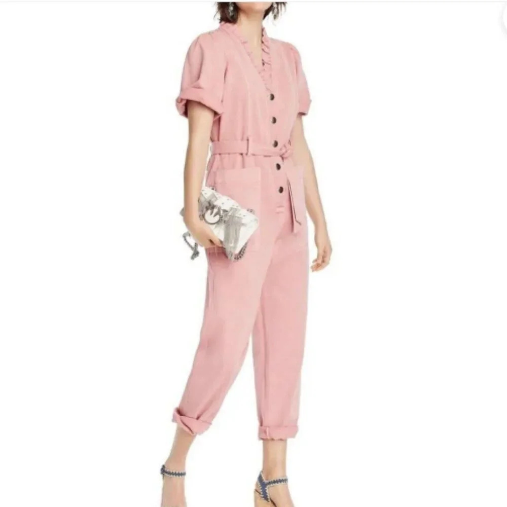Lini Pink Denim Ruffle V-Neck Short-Sleeve Belted Crop Jumpsuit size XS